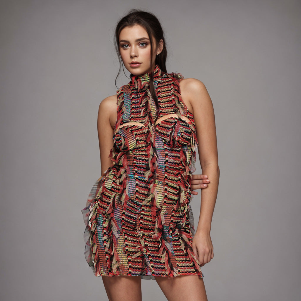 Color-block Crew Neck Sleeveless Backless Hollow Out Suit