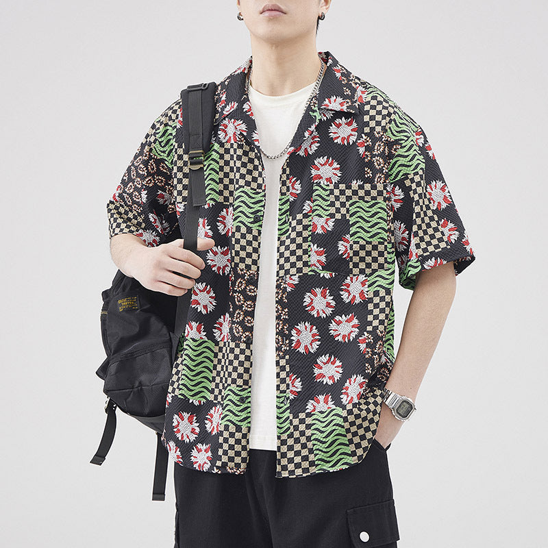 Chemise à manches courtes en seersucker de style hawaïen rétro pour homme