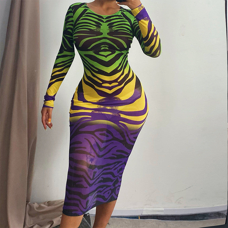 Sexy Mesh See-through Dress Printed Long-sleeved Midi Dress