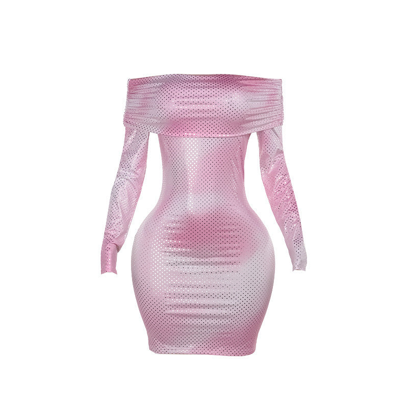 Off-shoulder Pleated Long Sleeve Dress Women