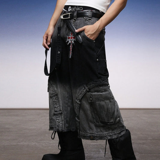 Jean délavé rétro patchwork dégradé pour homme