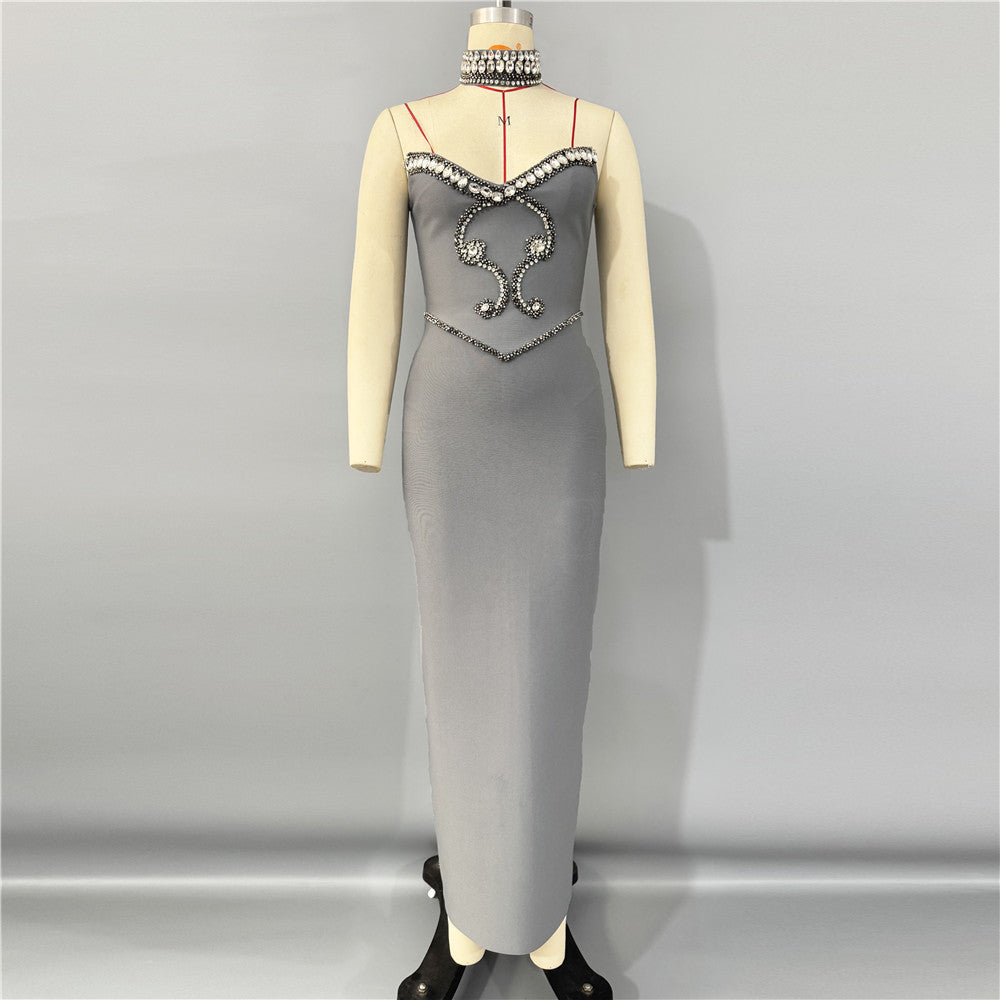 Nouvelle robe une pièce à bandes, couleur unie, raffinée, avec haut tube et strass