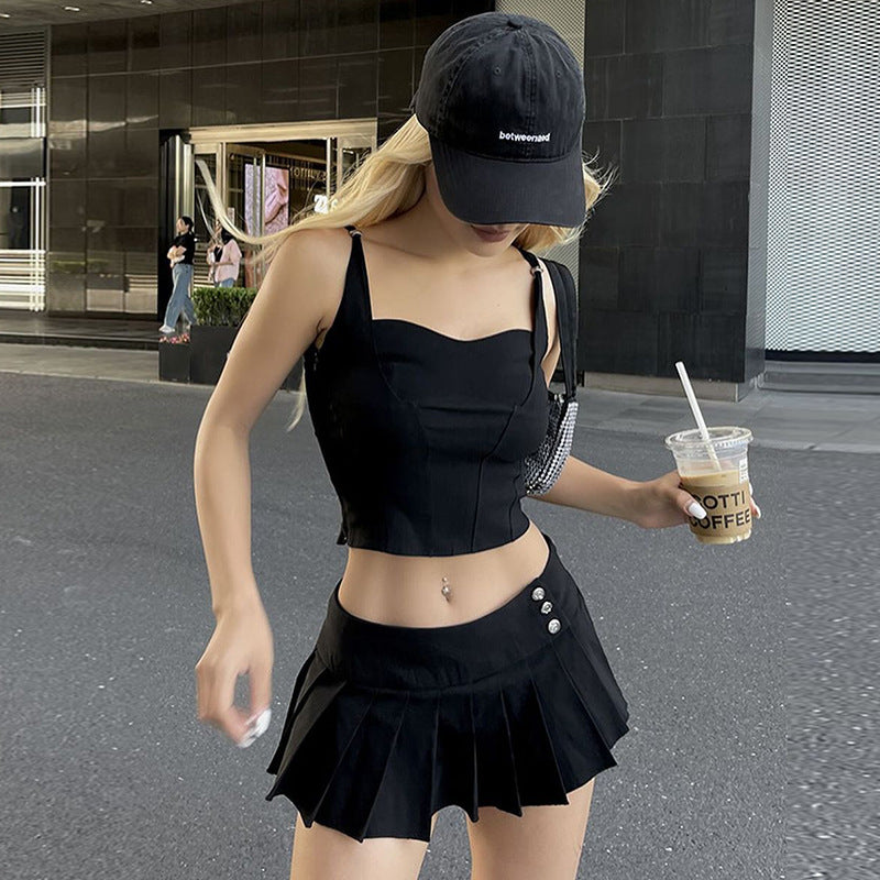 Fashion Y2g Hot Girl Style Solid Color Pleated Skirt Suit Two-piece Set