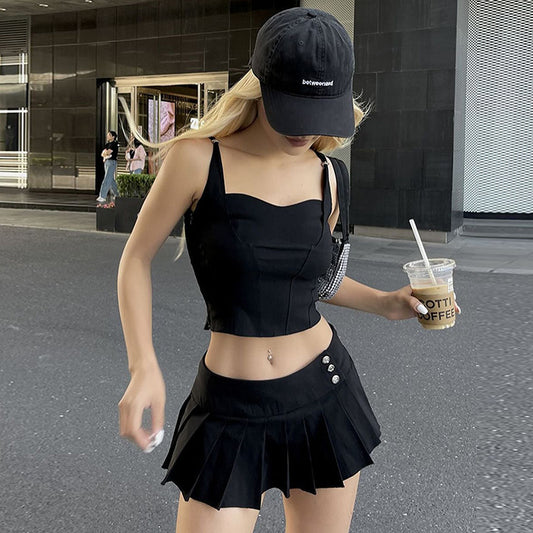 Fashion Y2g Hot Girl Style Solid Color Pleated Skirt Suit Two-piece Set