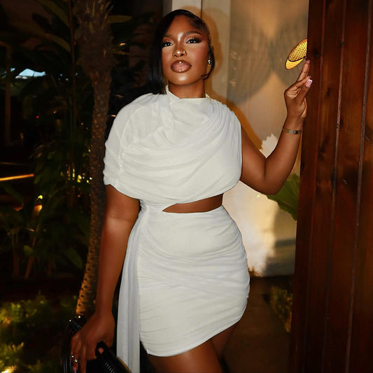 Ensemble jupe courte asymétrique à col rond, couleur unie, deux pièces