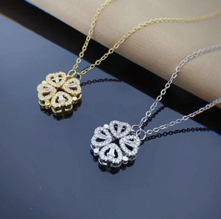 Retro Magnetic Folding Heart Shaped Four Leaf Clover Pendant Necklace