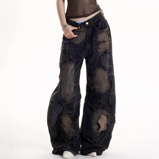 American Retro Hot Girl Wind Black Tie-dyed Ripped Jeans