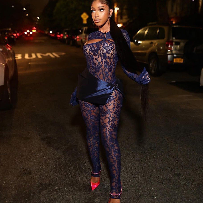 New Fashion Cut-out Slim Round Neck Long-sleeved Jumpsuit