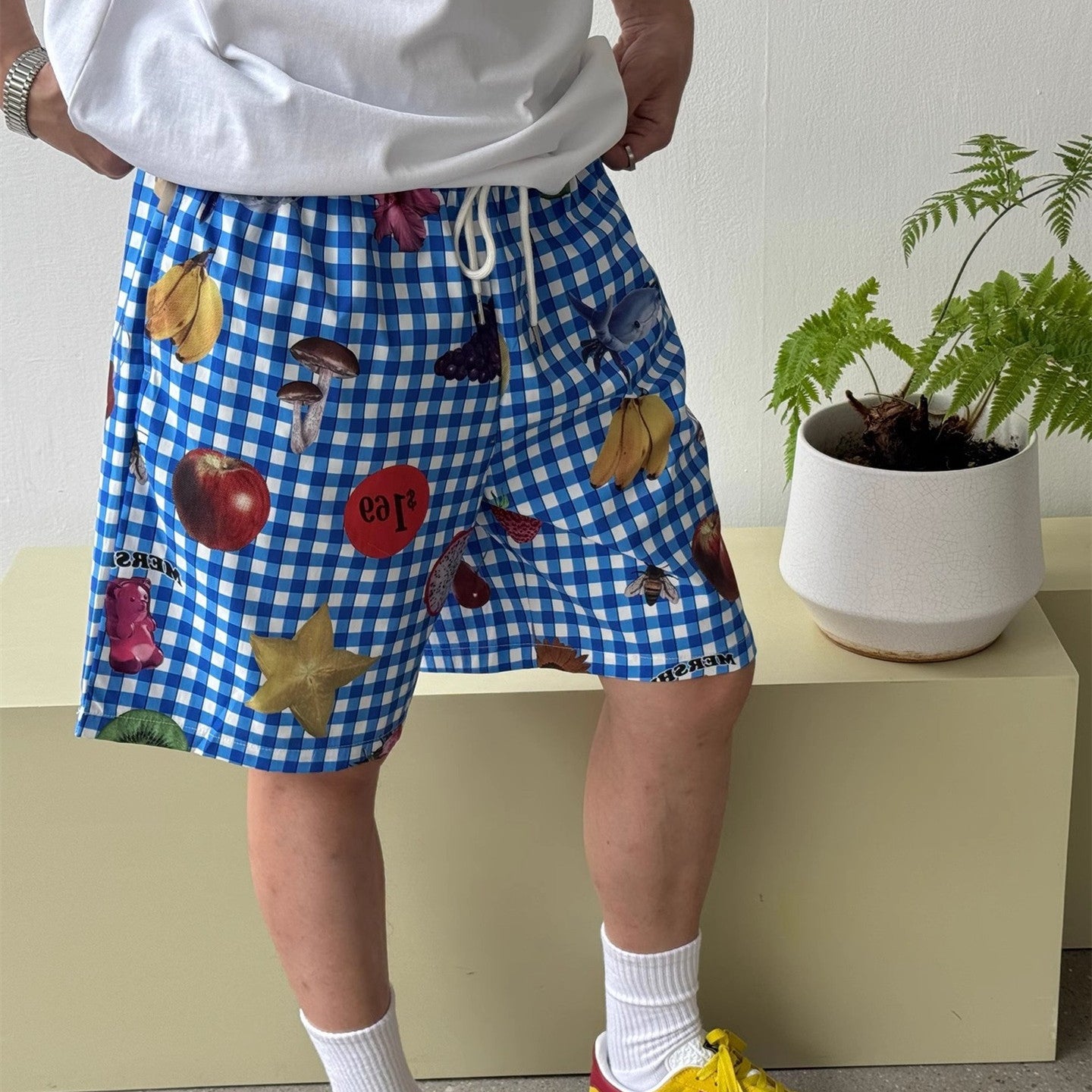 American Retro Blue Plaid Fruit Full Printed Shorts