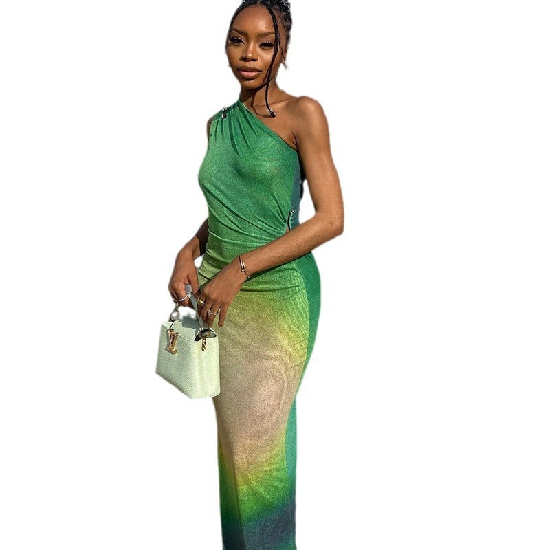 Printed Sexy Crossbody Sleeveless Gradient Color Sheath Dress