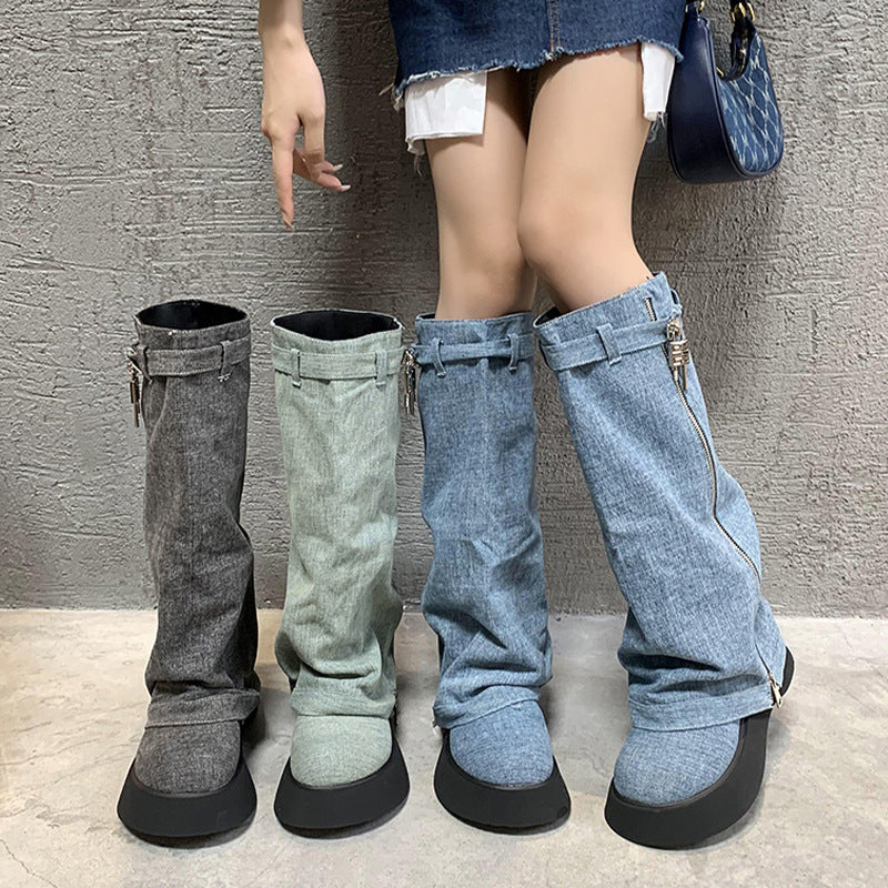 French-style Platform Denim Boots