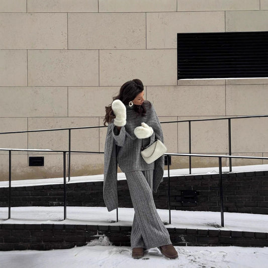 Elegant Style Crew Neck Pullover Sweater Trousers With Scarf Three-piece Set