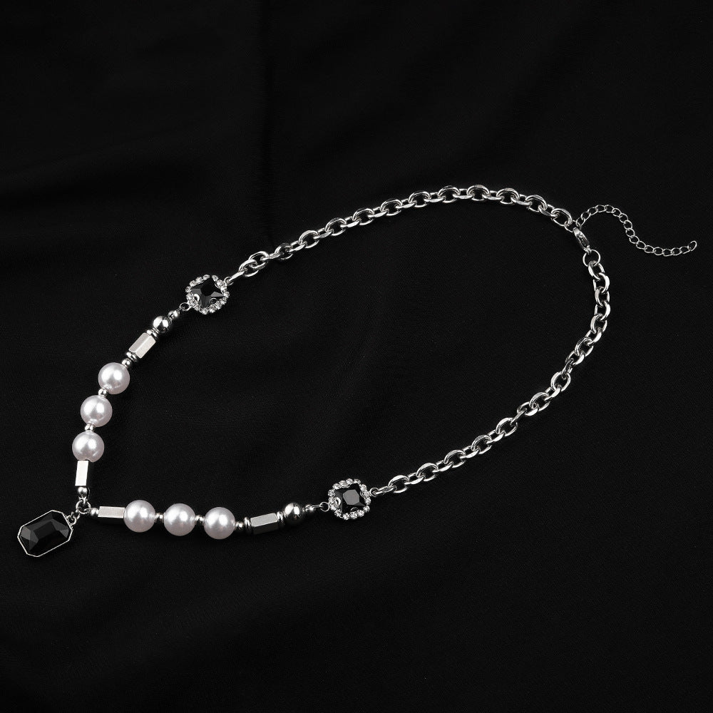 Street Hip Hop Pearl Black Gem Necklace