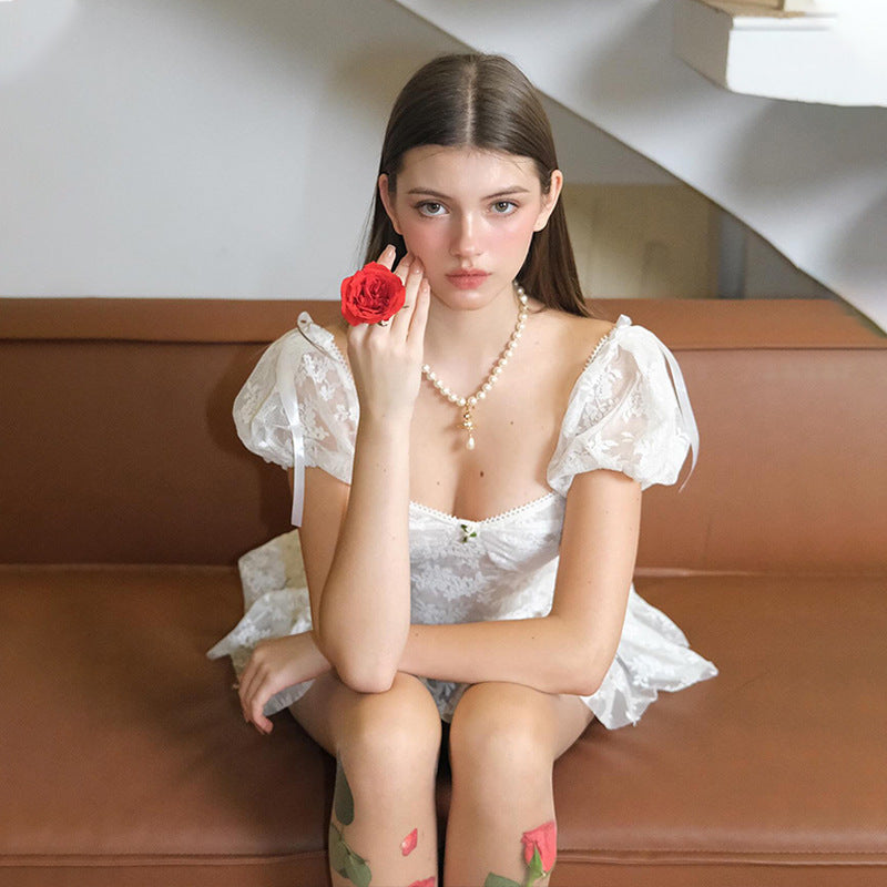 Mesh Cinched Puff Sleeve Short Sleeve Dress