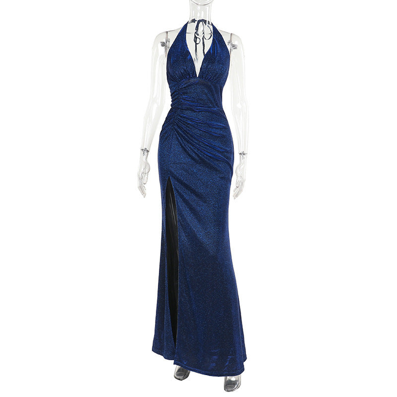 Sexy Slit Dress Fashionable Temperament V-neck Halter Thin And Glittering Dress