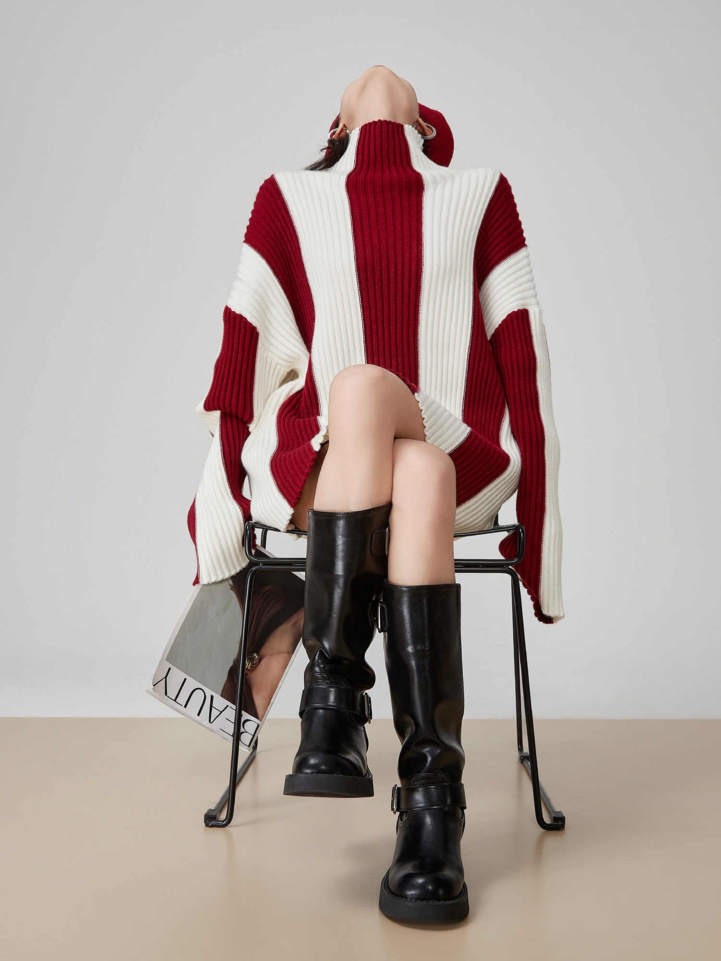 Contrast Color Pit Striped Turtleneck Sweater