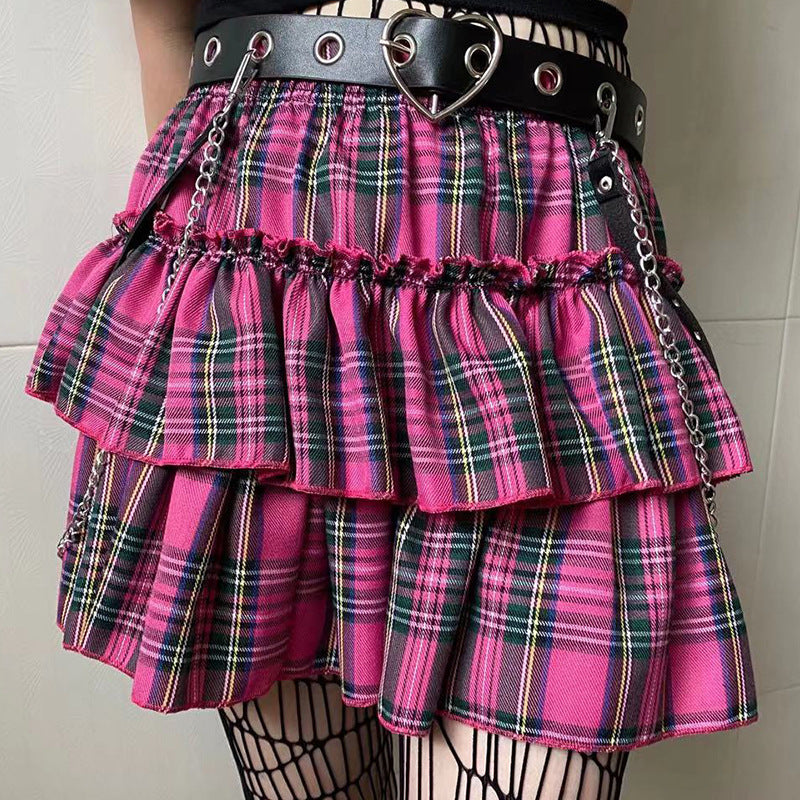 High Waist Fungus Plaid A- Line Half-length Slim-fit Pleated Miniskirt