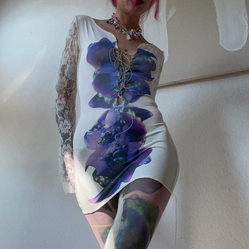 Long-sleeved Printed Lace-up Mesh High-waisted Dress