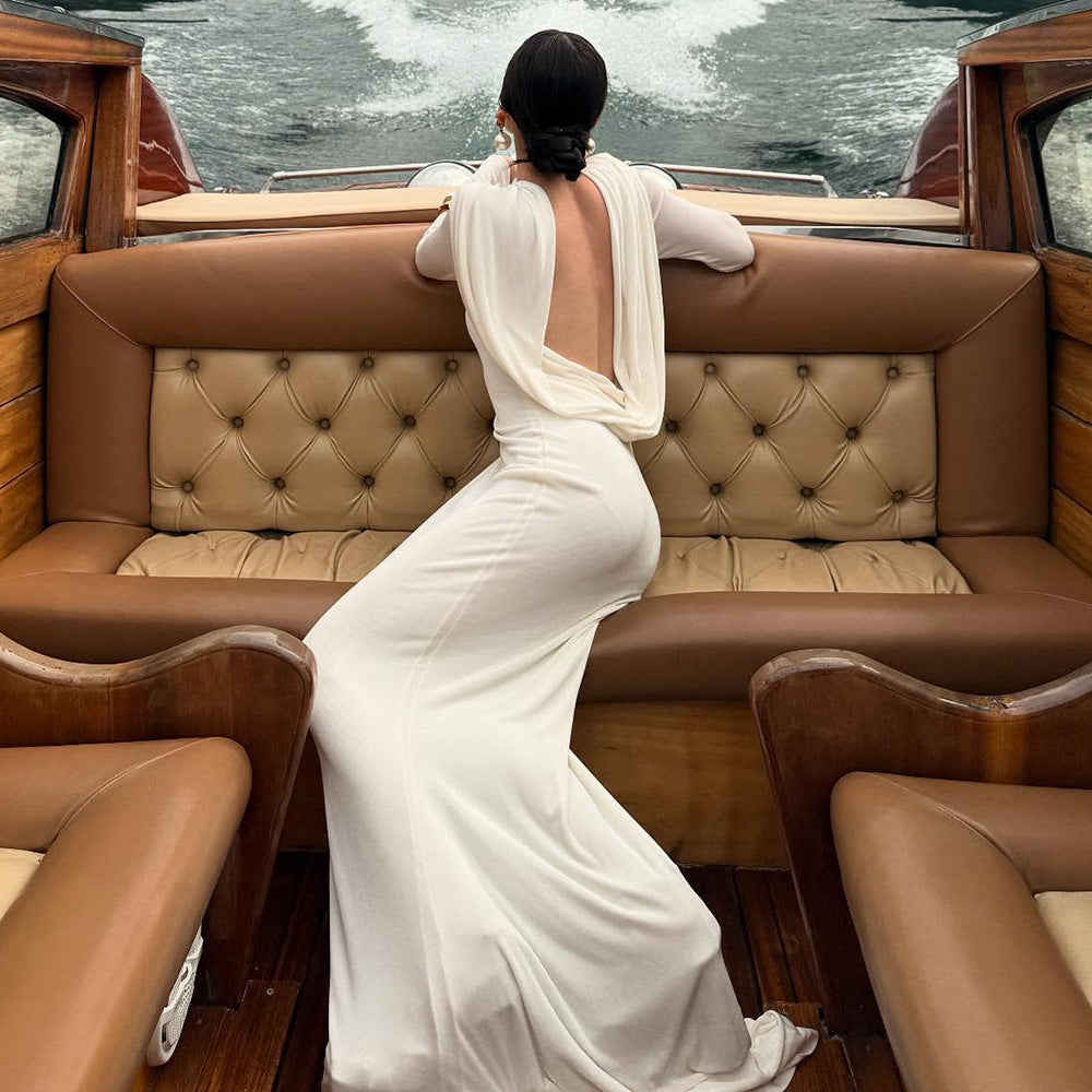 Simple Solid-Color Scoop Neck Backless Pleated Bodycon Long-Sleeve Dress