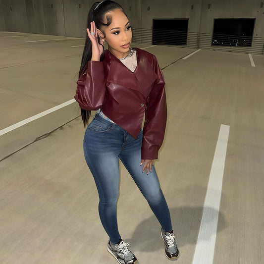 PU Leather Solid Color Casual Coat For Women