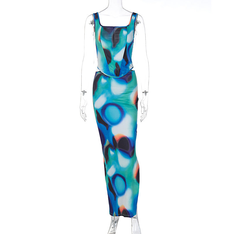 U-neck Vest And Hip Slit Dress Printed