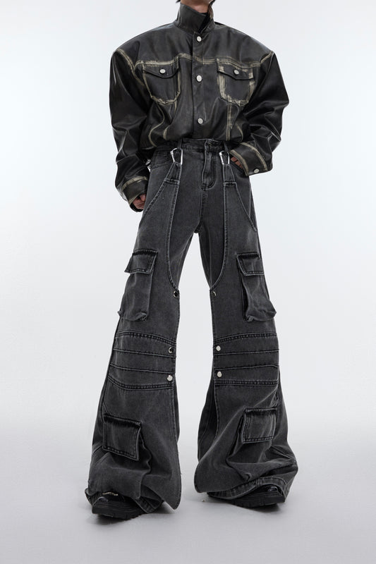 Large Pocket Design Vintage Distressed Loose-fitting Wide-leg Trousers Men