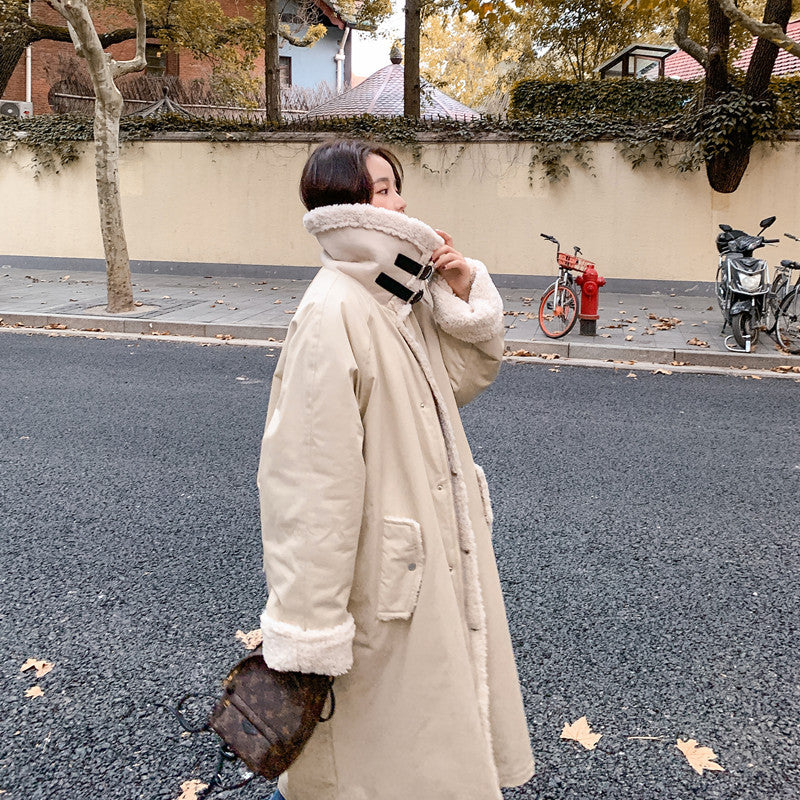 Lazy Style Parka Coat Mid-length Casual Three-color Lamb Wool Coat