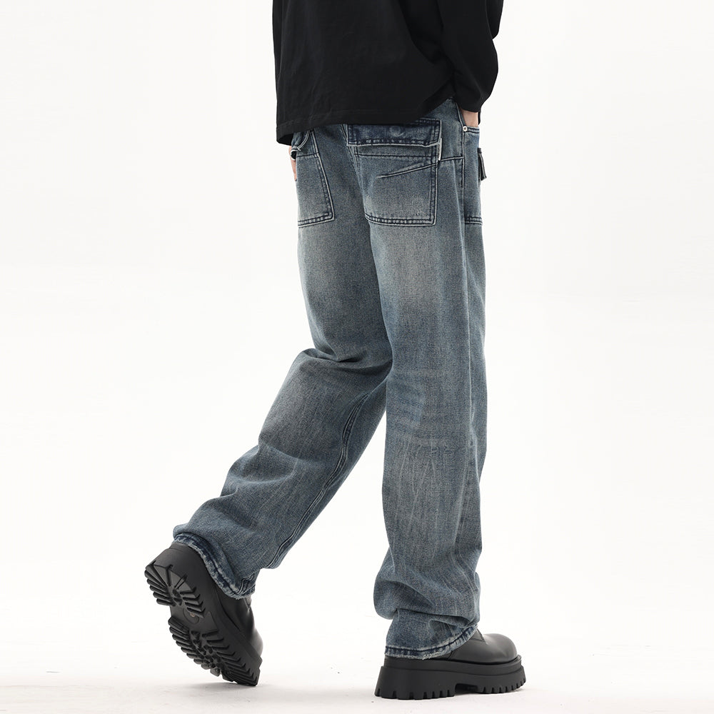 Men's High Street Loose Casual Washed And Worn Straight-leg Denim Pants