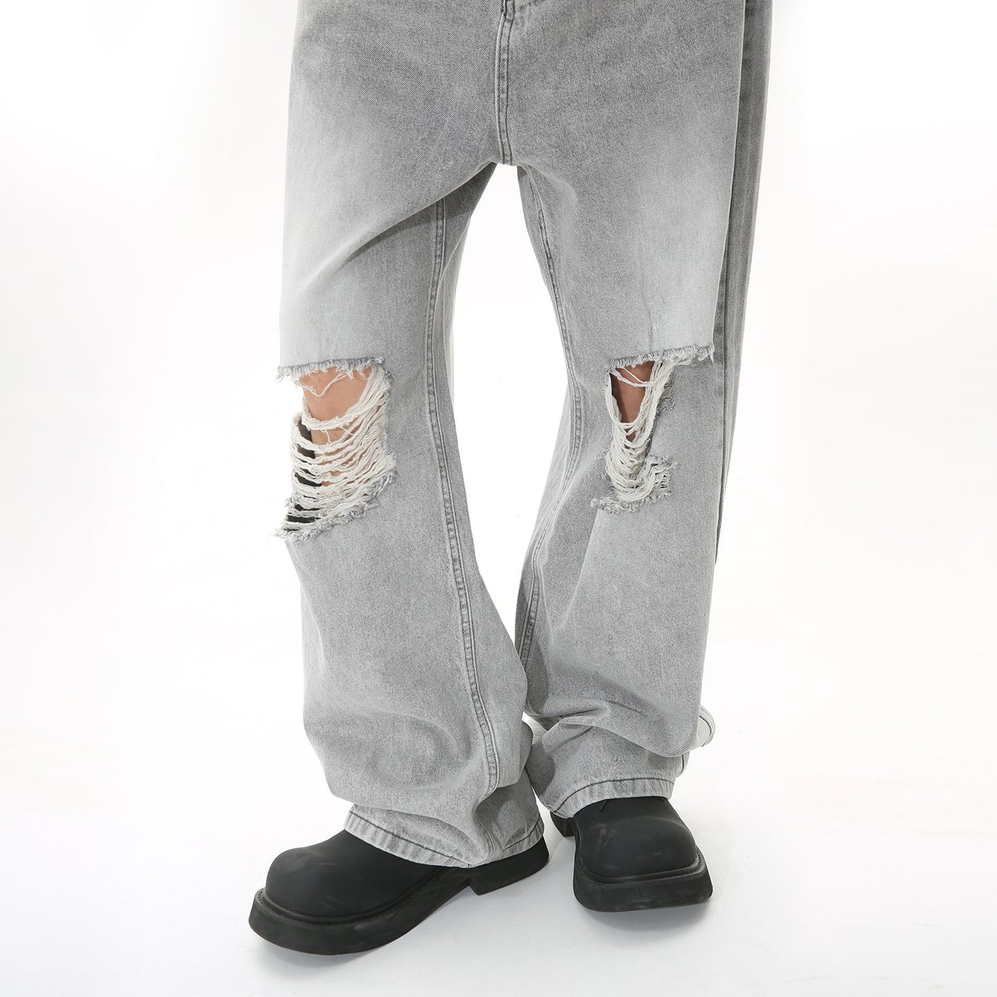 Men's Ripped Washed Light Gray Knee Ripped Wide-legged Straight-leg Denim Trousers