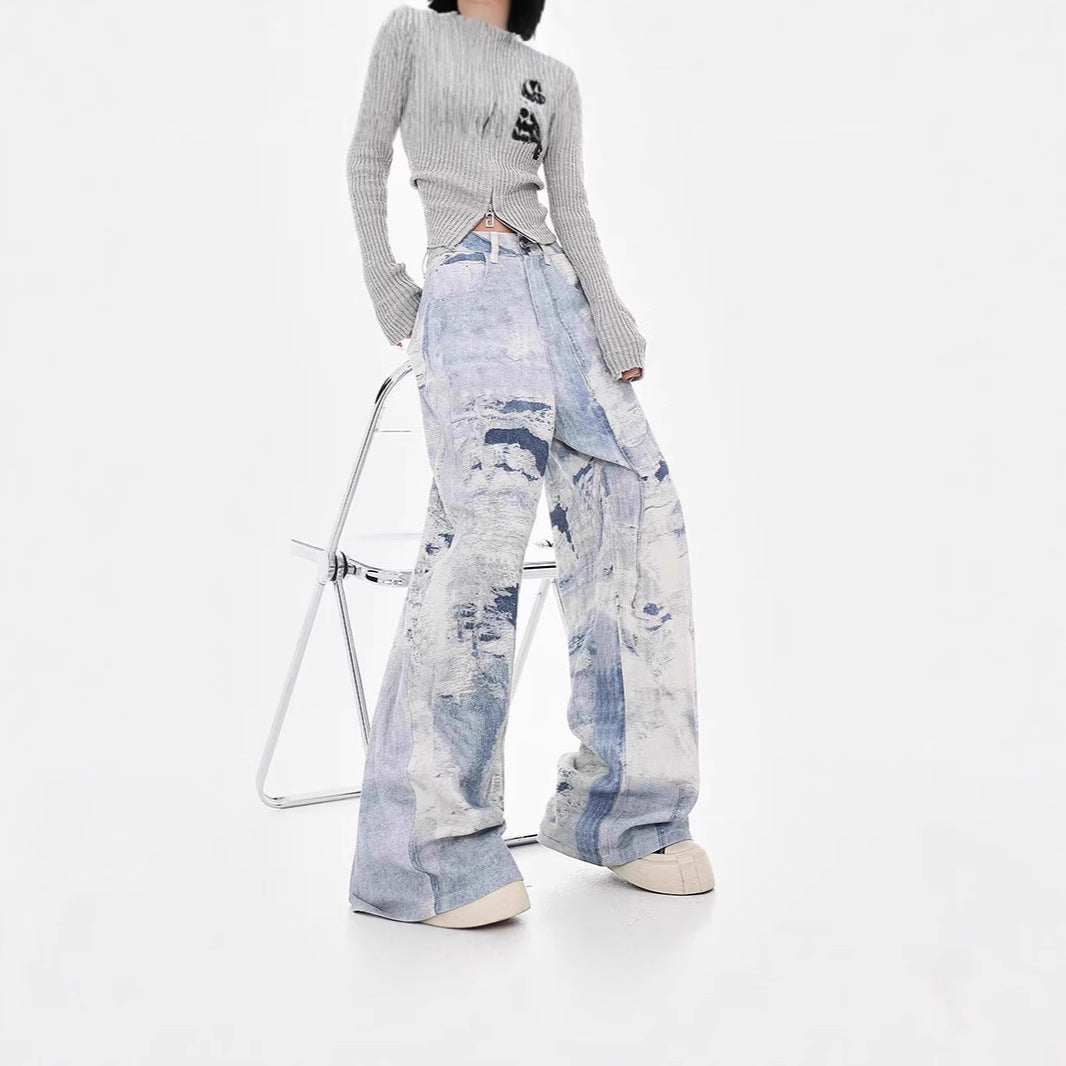 Autumn And Winter Washed Tie-dyed High Waist Slimming And Wide Leg Jeans