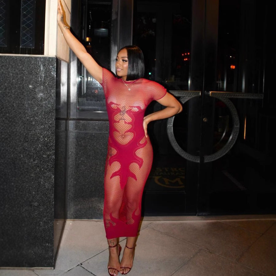 Flame Detail Fishnet Sexy Sheath Dress