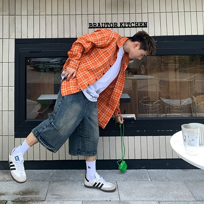 Retro Design Long Sleeve Lining Loose Casual Orange Plaid Shirt Men