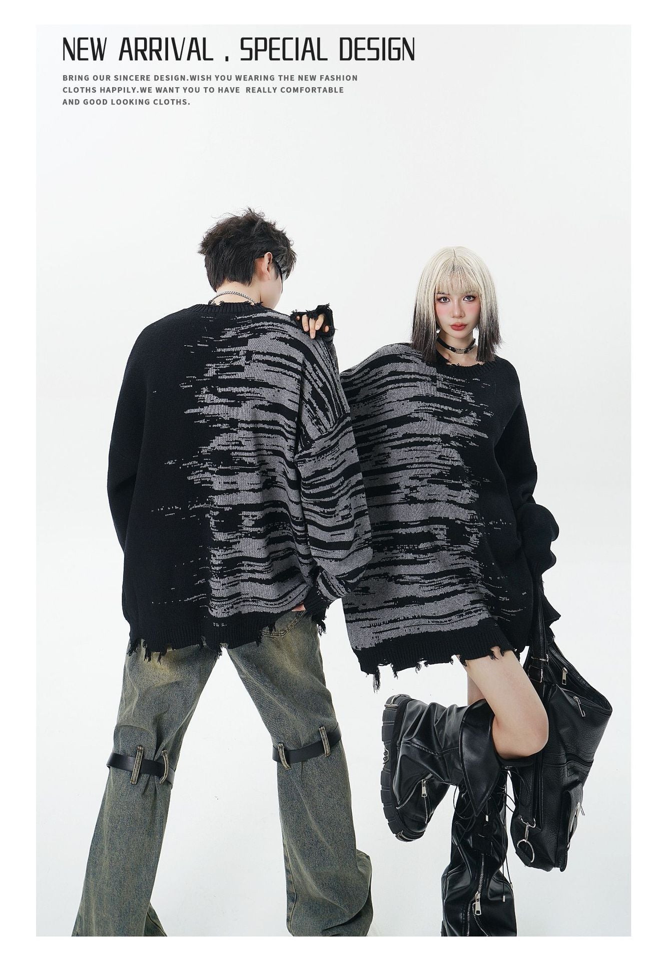 Zebra Pattern Color Matching Ripped Tassel Loose Round Neck Knitted Sweater