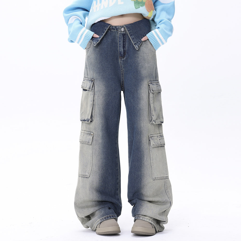 Design Loose Cool Multi-pocket Contrast Color Inkjet Trousers