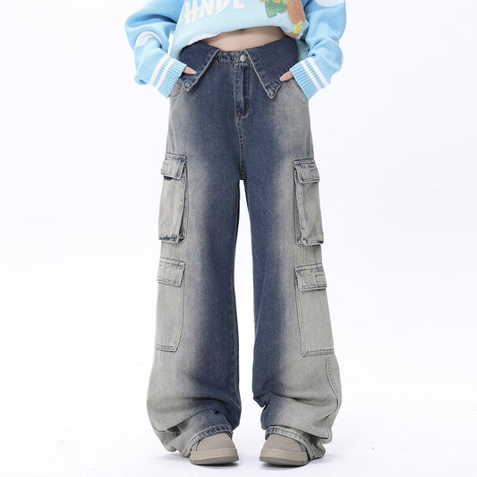 Design Loose Cool Multi-pocket Contrast Color Inkjet Trousers