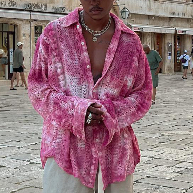 Men's Fashion Casual Draping Hollow Lace Shirt Top