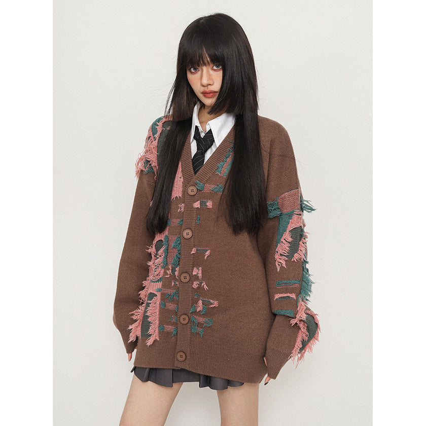 Retro Shabby Stitching Idle Style V-neck Cardigan Sweater