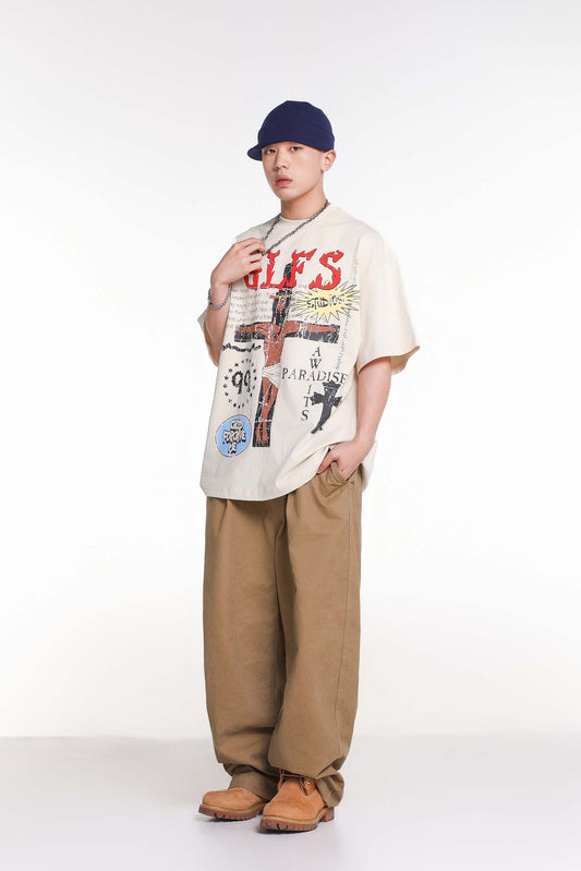 Cross Letter Print Loose Casual Short Sleeve T-shirt