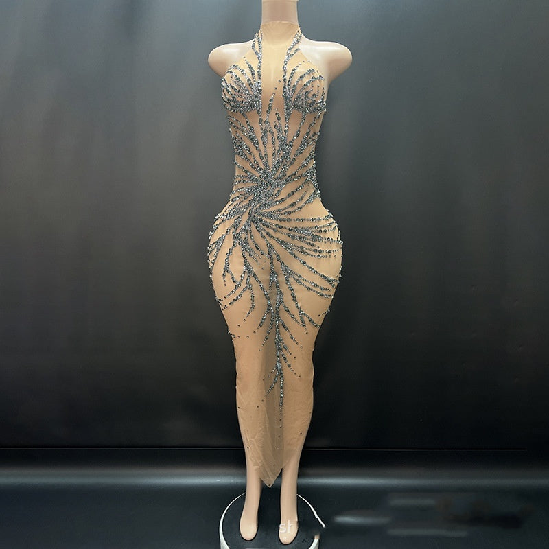 Robe de soirée tendance à cristaux brillants et vaporeux