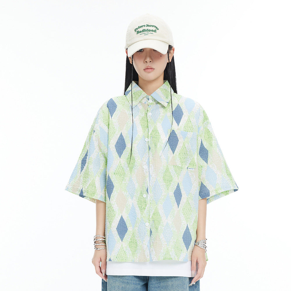 Camicia a quadri a maniche corte con motivo a rombi larghi