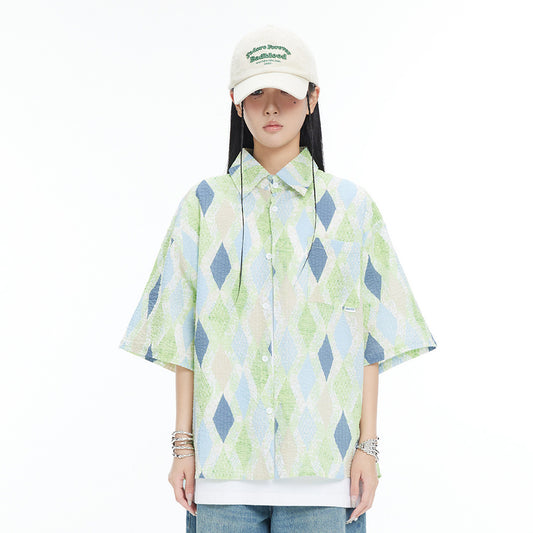 Camicia a quadri a maniche corte con motivo a rombi larghi