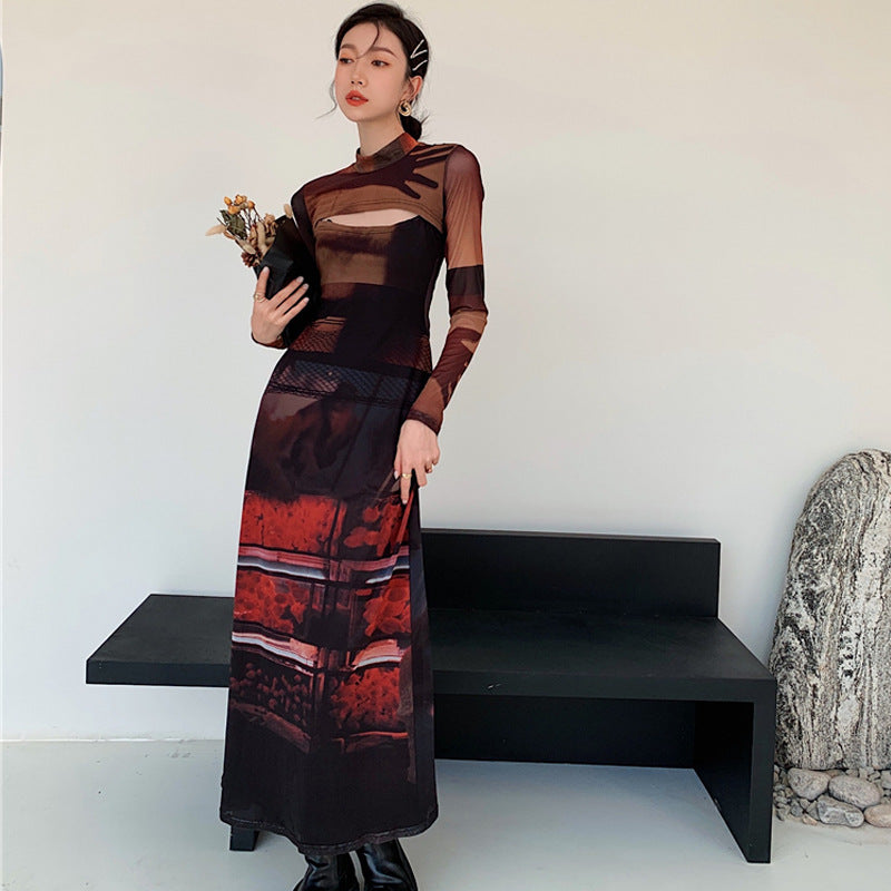 Two-Piece Mesh Long-Sleeved Slim Retro Print Dress