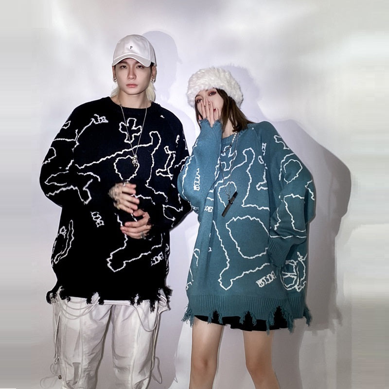 Blue Letter Jacquard Pullover Round Neck Winter Undercoat