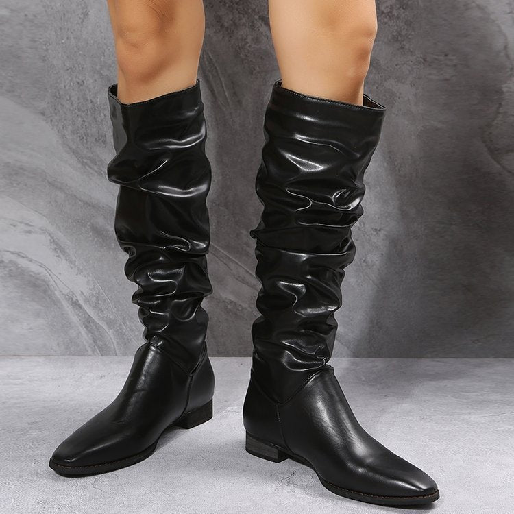 Bottes pliantes à talons bas pointus et longs tubes tendance