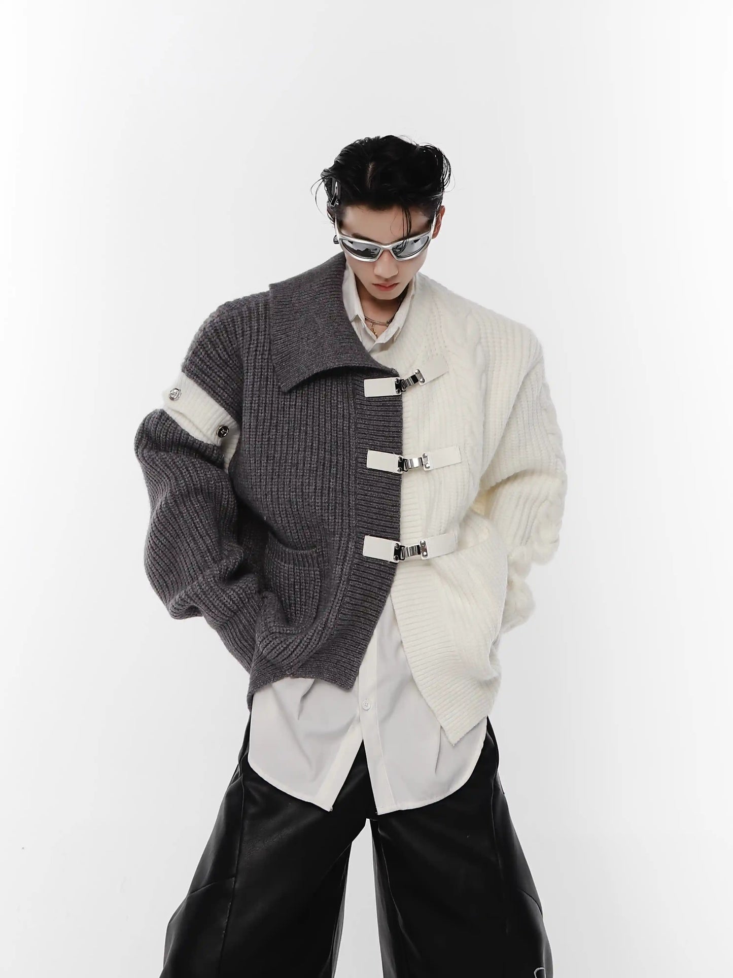 Deconstructing Sweater Loose Black And White Stitching Design Cardigan Metal Button Knitted Coat