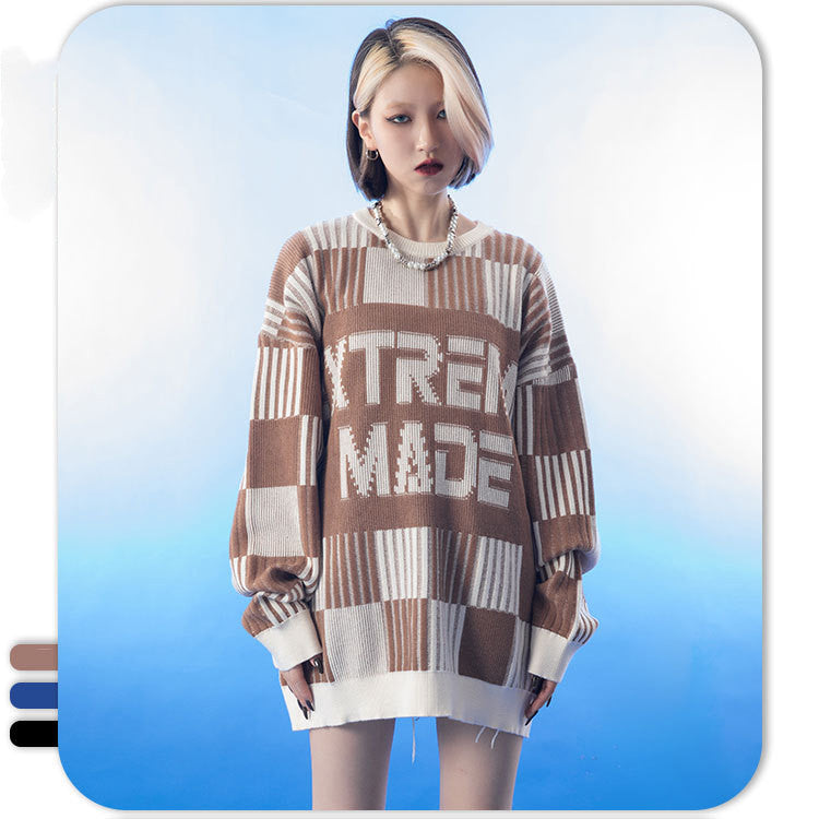 Retro Pixel Letters Street Round Neck Pullover