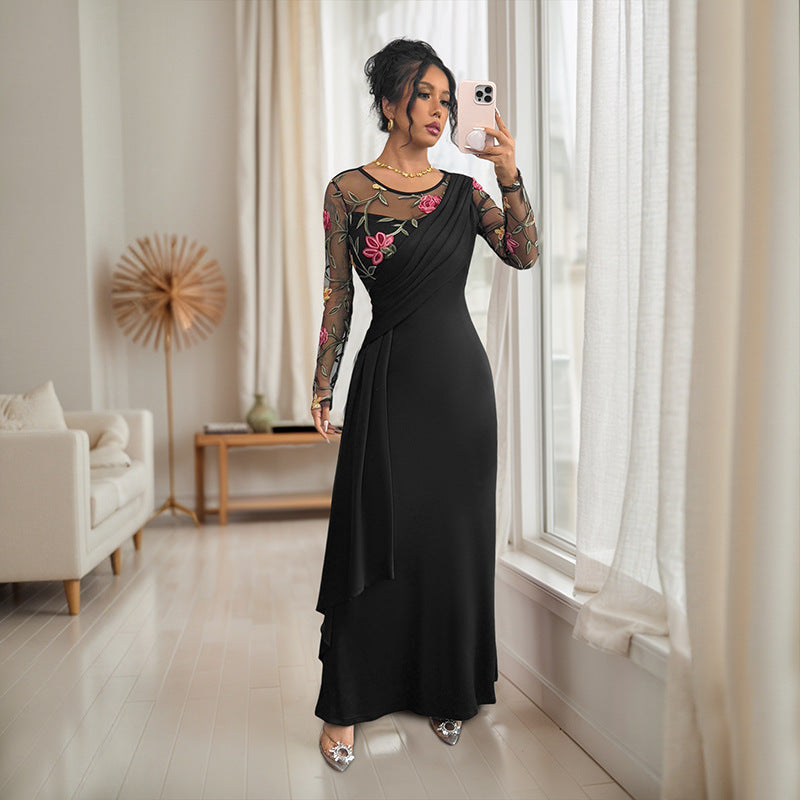 Robe à manches longues et col ras du cou pour femme, style rétro, broderie en maille