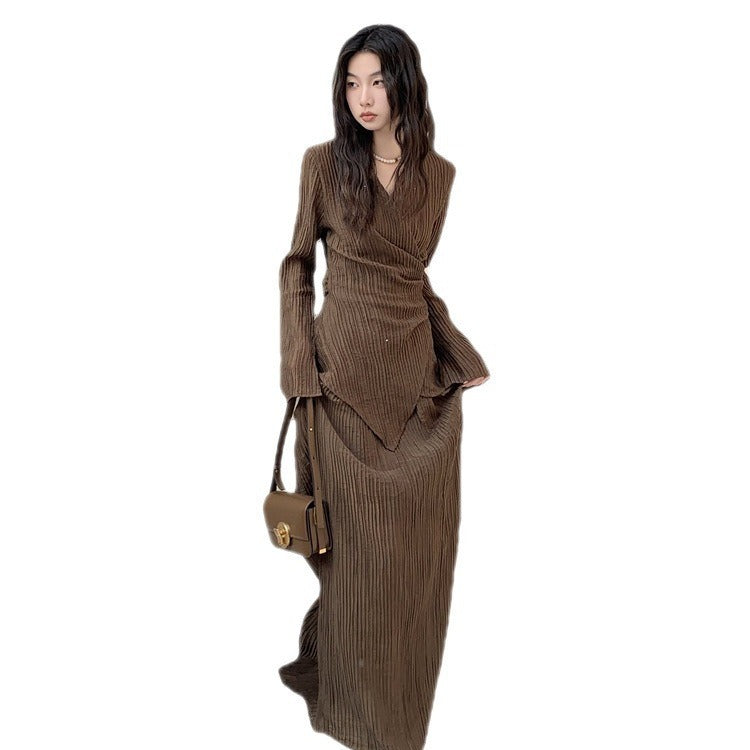 Cardigan plissé à col haut, jupe ample taille haute, coupe ajustée, costume amincissant, automne