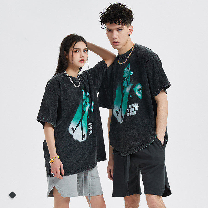 Loose T Shirt Men's European And American Dark Wash And Edging Short Sleeves