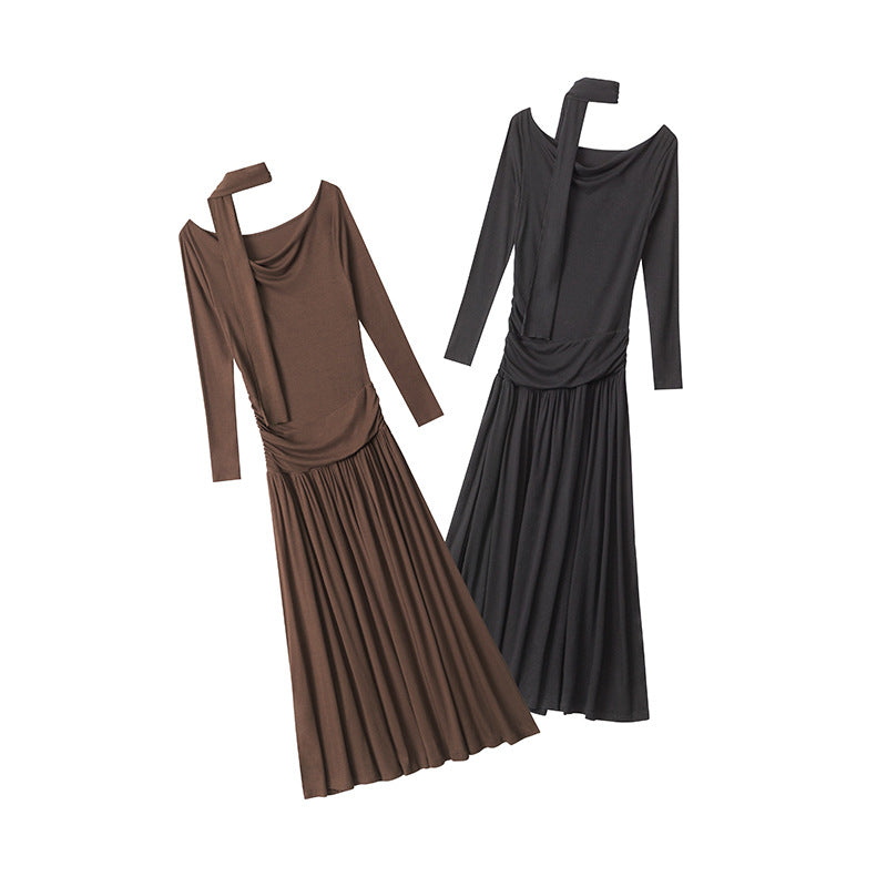 Off-shoulder Collar Dress Women's Spring And Autumn Fitted Waist Pleated Slimming And Long